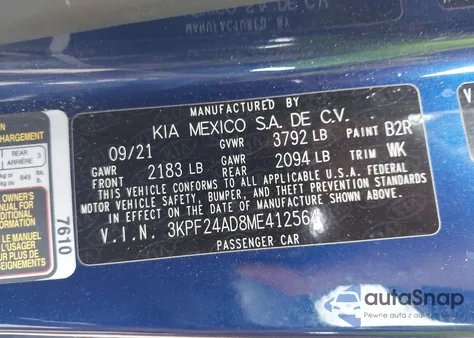 2021 Kia Forte Lxs from USA, damaged, VIN 3KPF24AD8ME412564